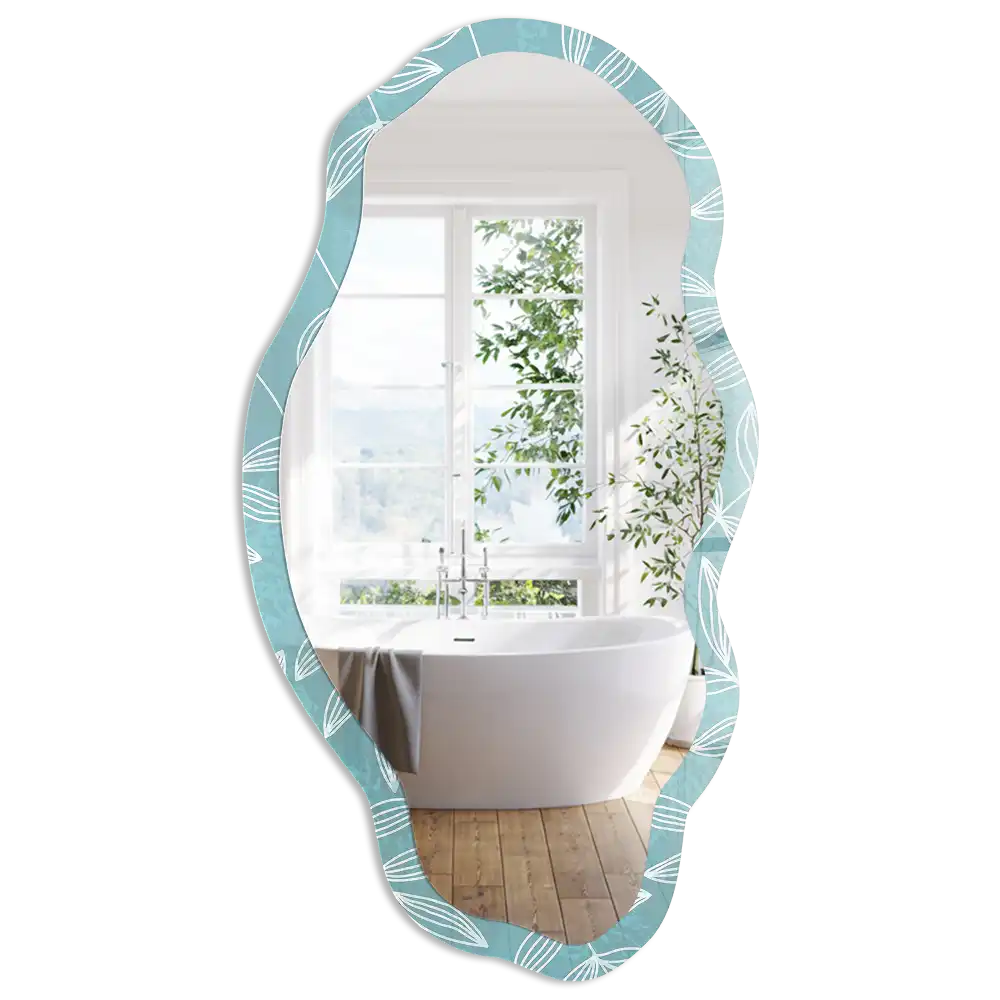 Miroir décoratif irrégulier avec impression feuilles turquoise