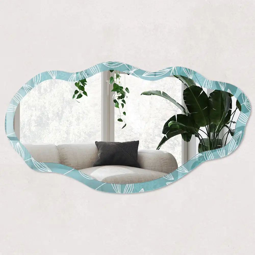 Miroir décoratif irrégulier avec impression feuilles turquoise
