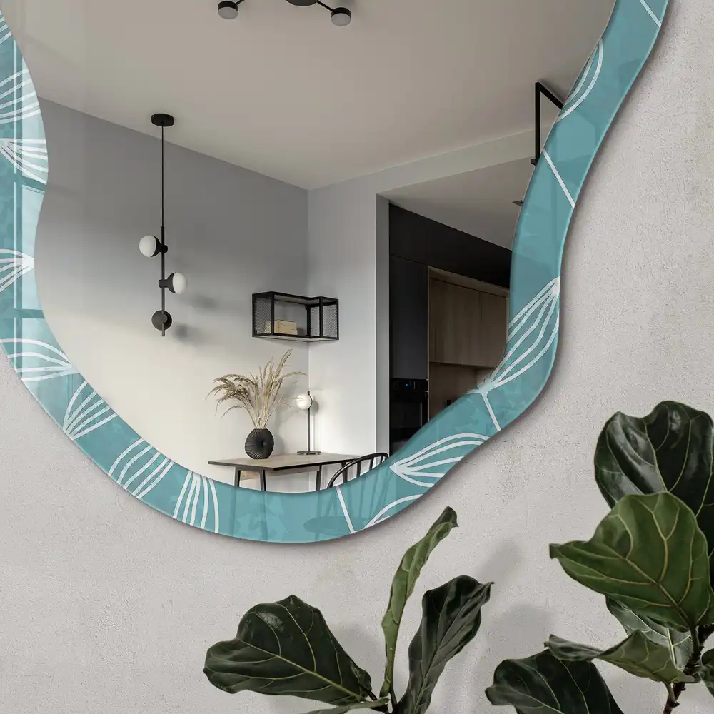 Miroir décoratif irrégulier avec impression feuilles turquoise