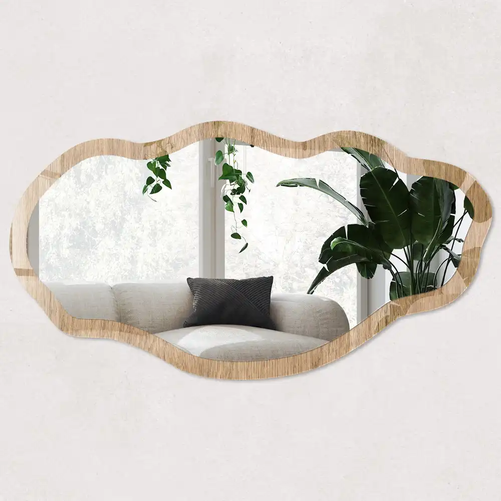 Miroir encadré en bois naturel à impression de forme irrégulière
