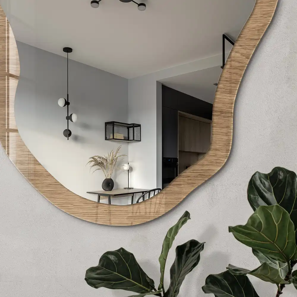 Miroir encadré en bois naturel à impression de forme irrégulière