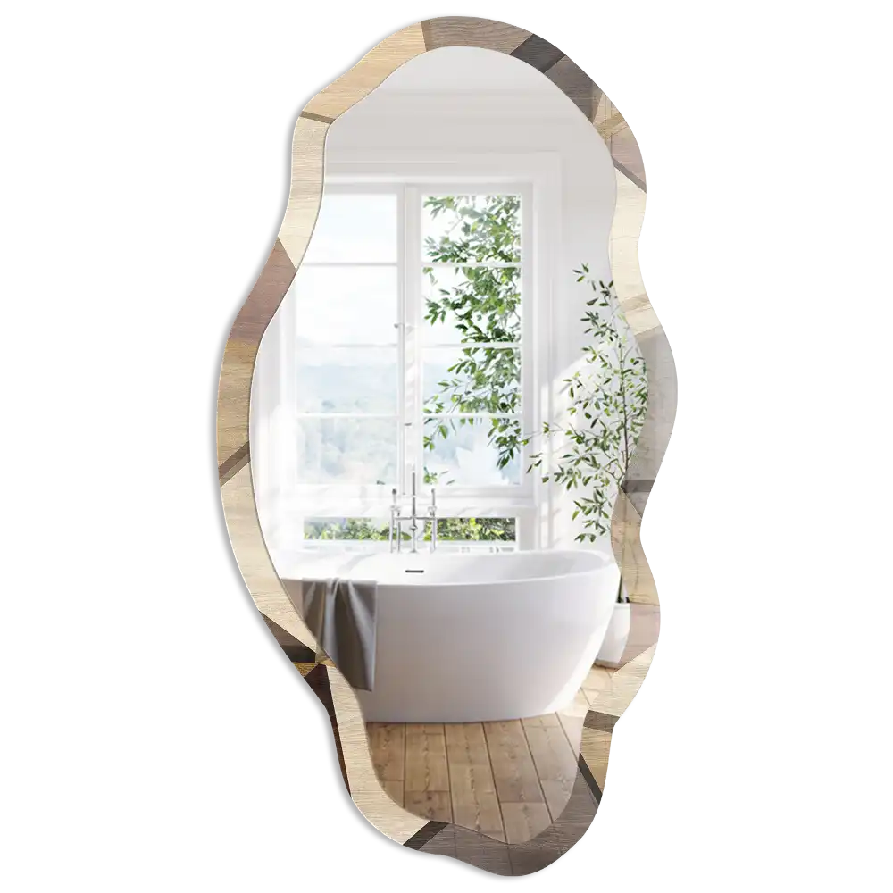 Miroir mural encadré avec impression géométrique en bois de forme irrégulière