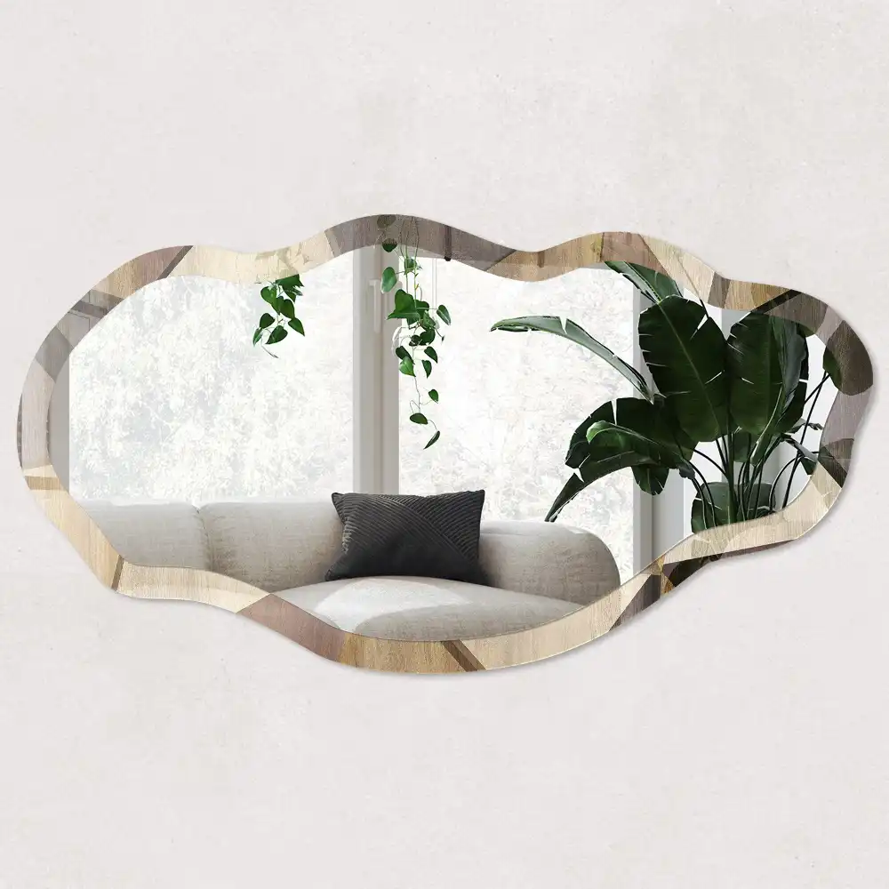 Miroir mural encadré avec impression géométrique en bois de forme irrégulière