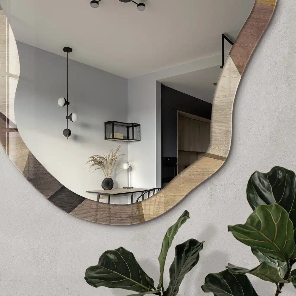 Miroir mural encadré avec impression géométrique en bois de forme irrégulière