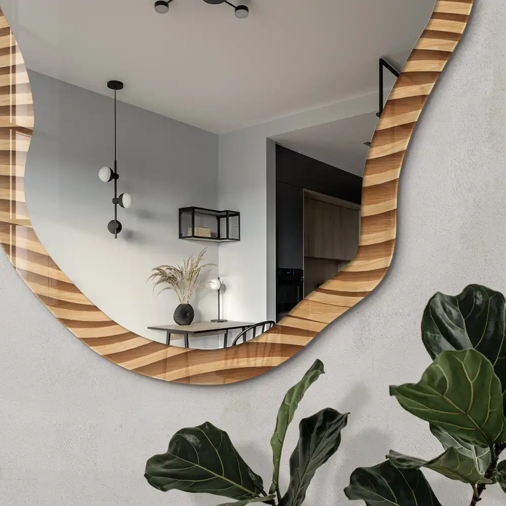 Miroir décoratif irrégulier à motif vagues de bois