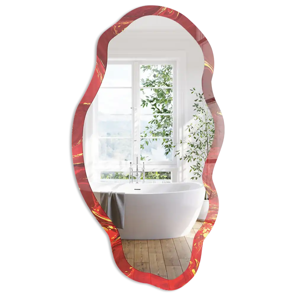 Miroir encadré avec impression abstraite rouge de forme irrégulière