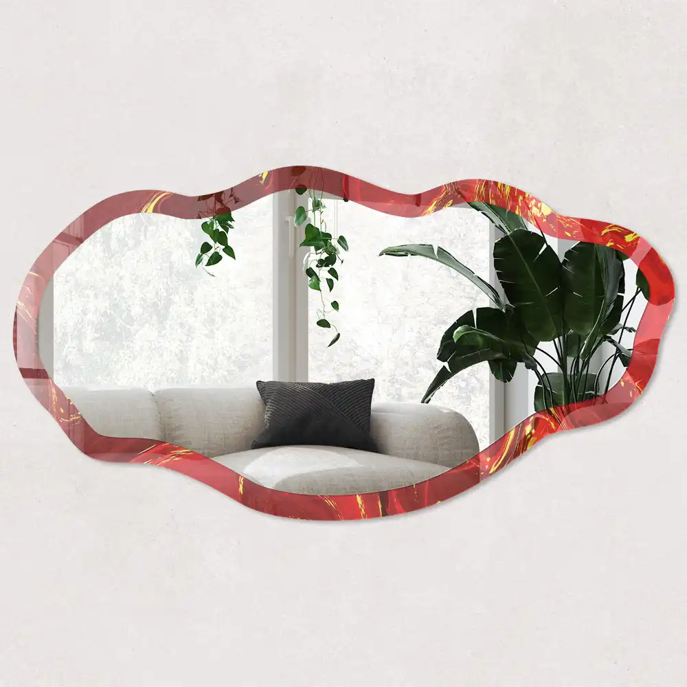 Miroir encadré avec impression abstraite rouge de forme irrégulière