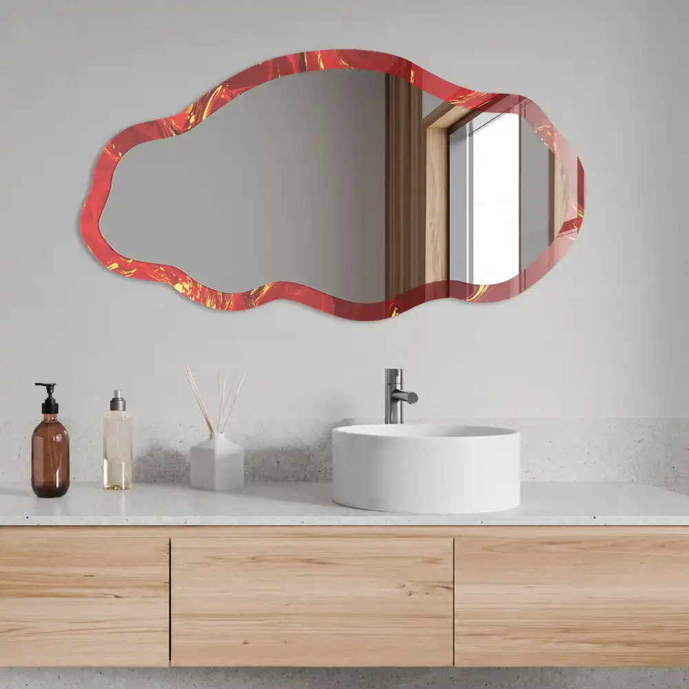 Miroir encadré avec impression abstraite rouge de forme irrégulière