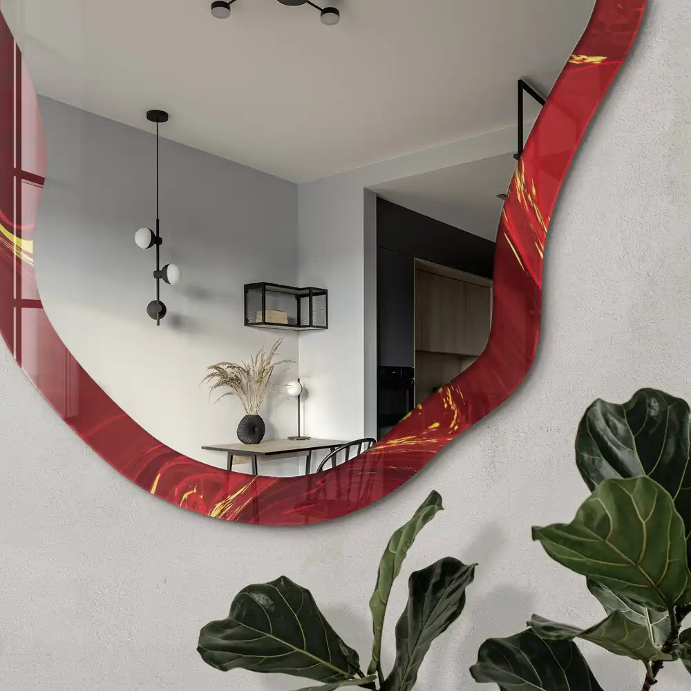 Miroir encadré avec impression abstraite rouge de forme irrégulière