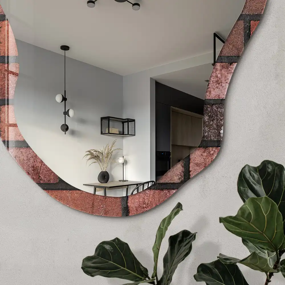 Miroir encadré à impression forme irrégulière motif brique de loft