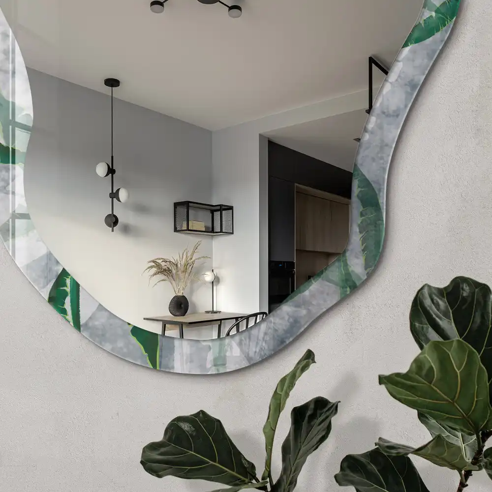 Miroir décoratif irrégulier à motif de feuilles vertes