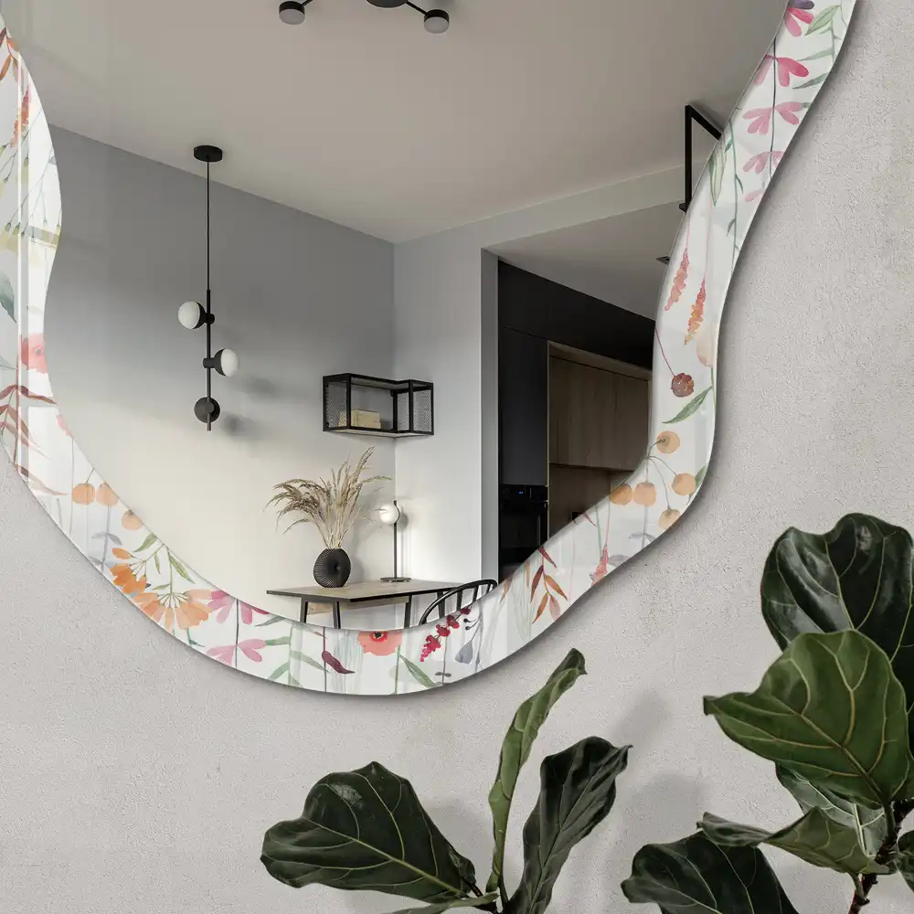 Miroir décoratif irrégulier avec motif prairie à l'aquarelle