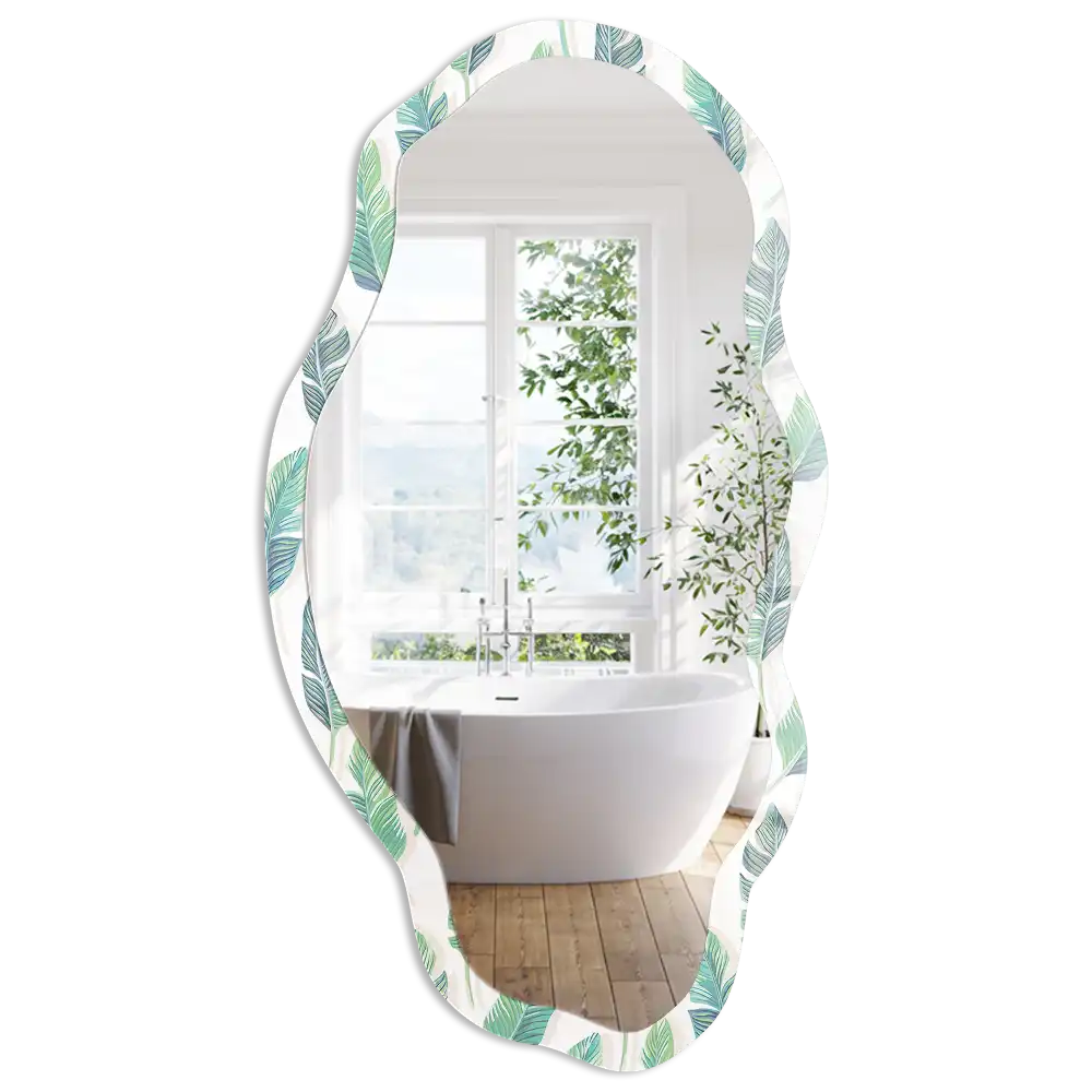 Miroir encadré à motif de feuilles tropicales forme irrégulière