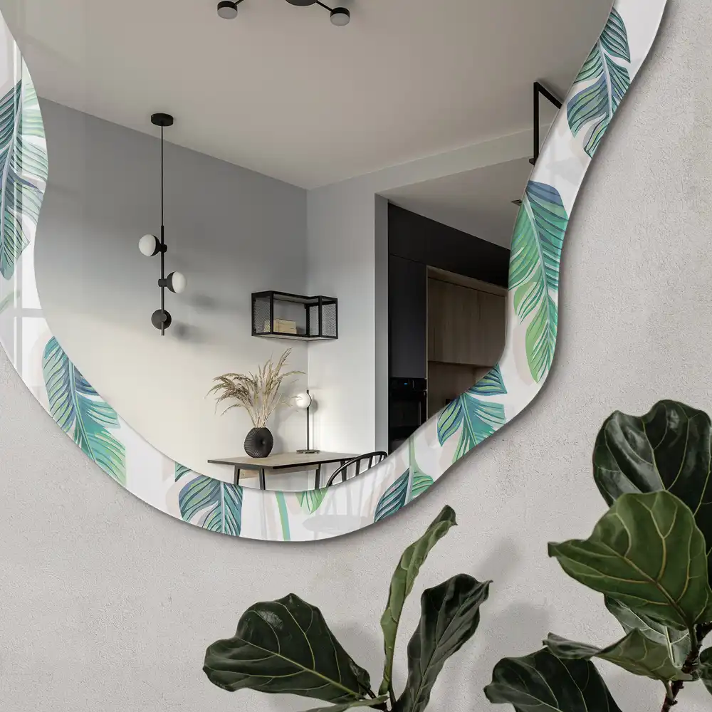 Miroir encadré à motif de feuilles tropicales forme irrégulière