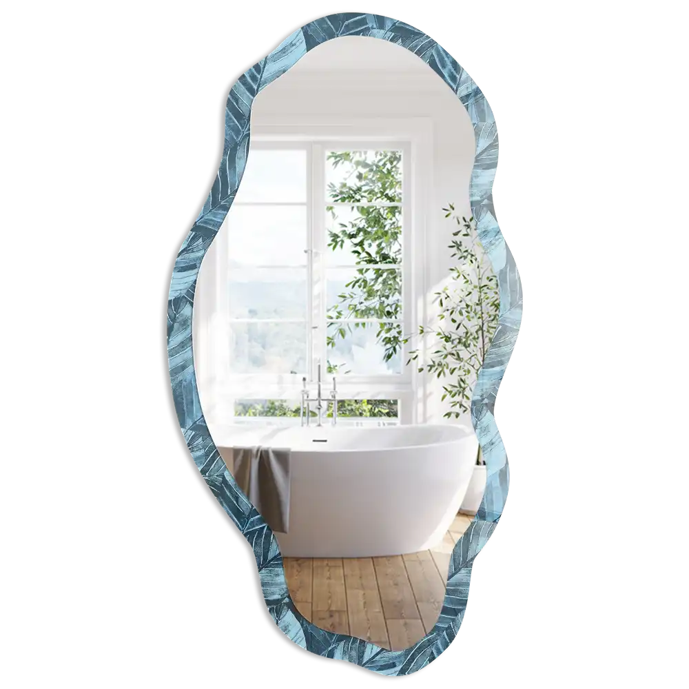 Miroir irrégulier à motif de feuilles bleues