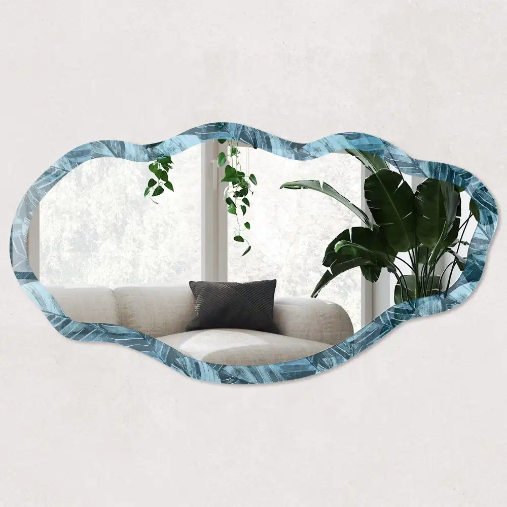 Miroir irrégulier à motif de feuilles bleues