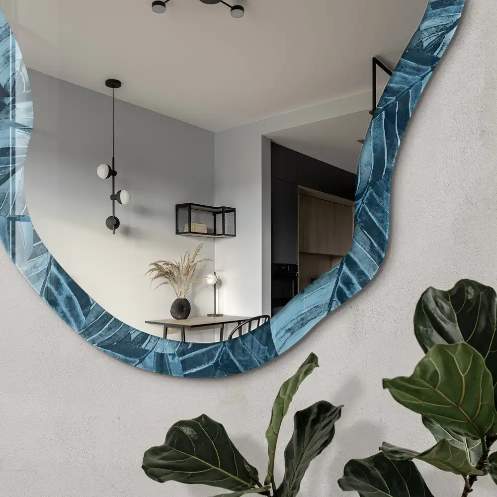 Miroir irrégulier à motif de feuilles bleues