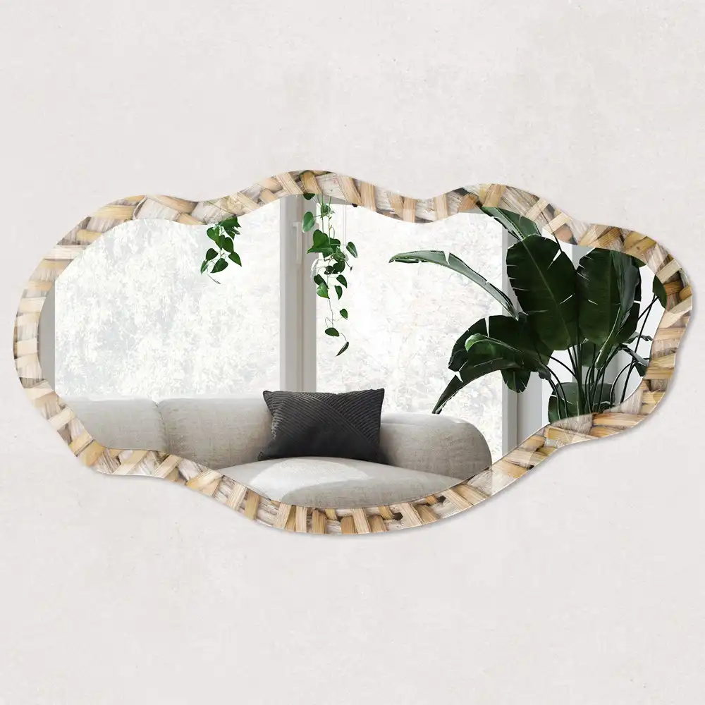 Miroir encadré avec impression forme irrégulière et panier naturel