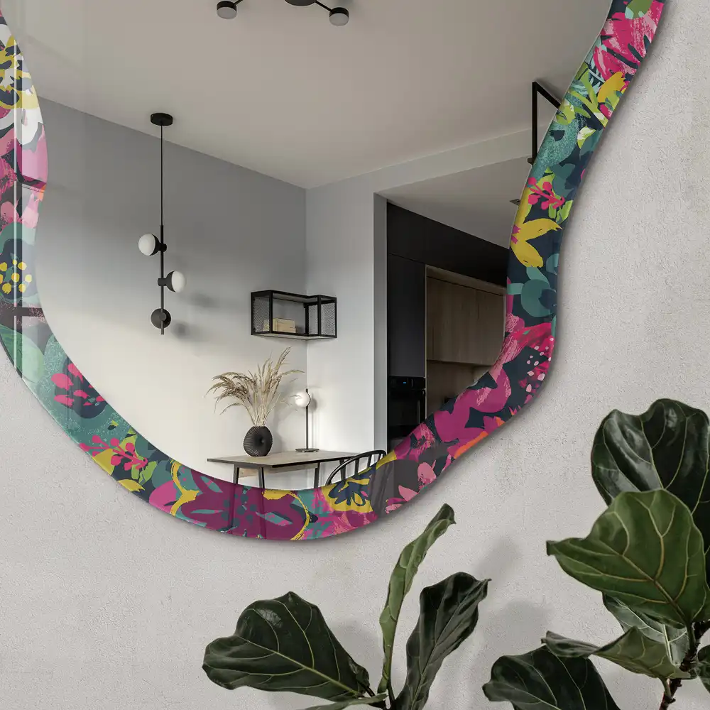 Miroir encadré à impression florale de forme irrégulière