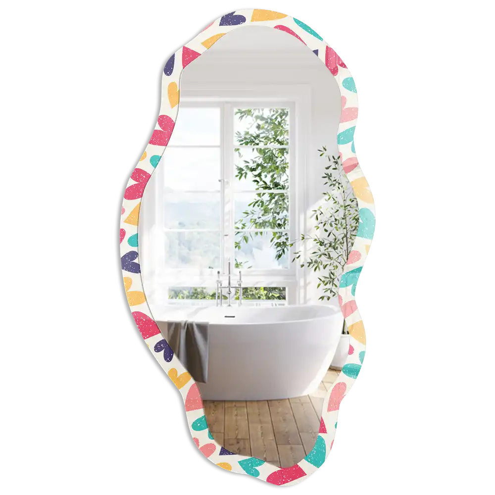 Miroir encadré à impression de cœurs colorés de forme irrégulière