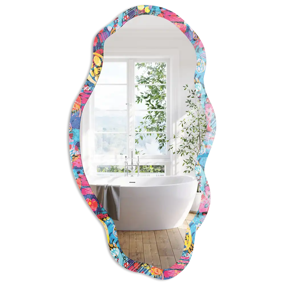 Miroir encadré avec impression d'une forme abstraite colorée irrégulière