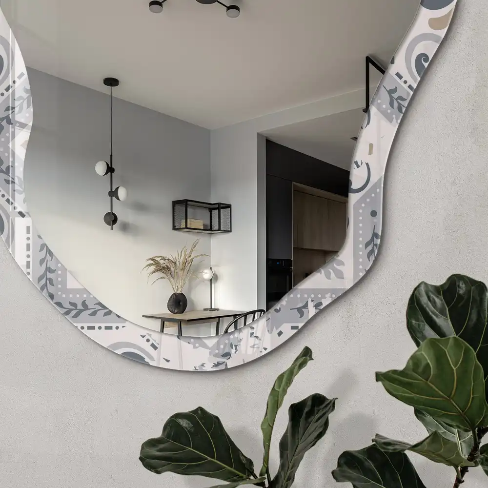 Miroir encadré à impression mosaïque classique de forme irrégulière