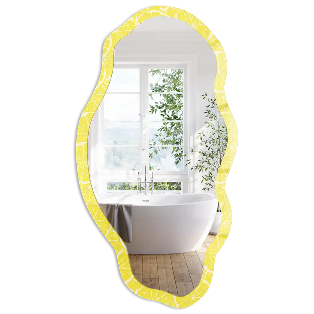 Miroir encadré avec impression de quartiers de citron forme irrégulière