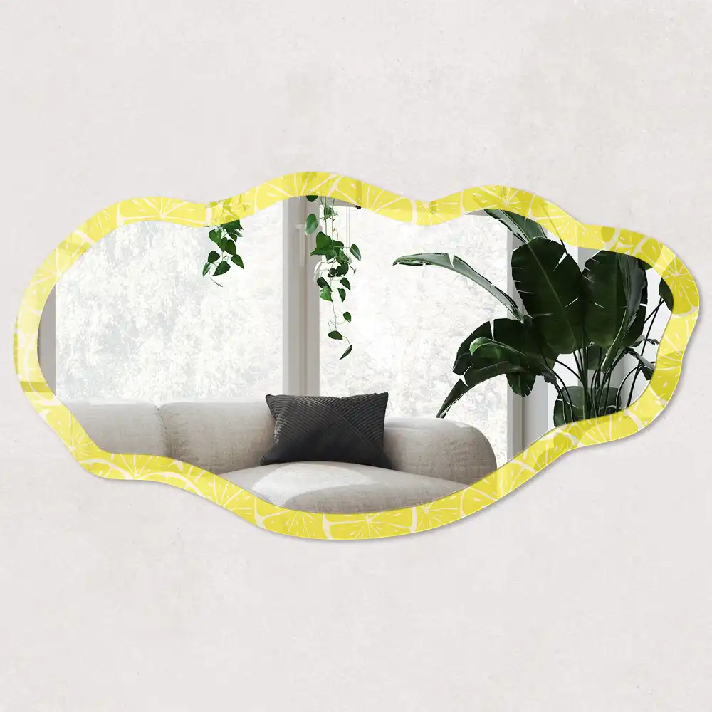Miroir encadré avec impression de quartiers de citron forme irrégulière