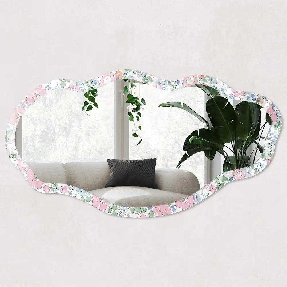 Miroir encadré à motif de prairie florale de forme irrégulière