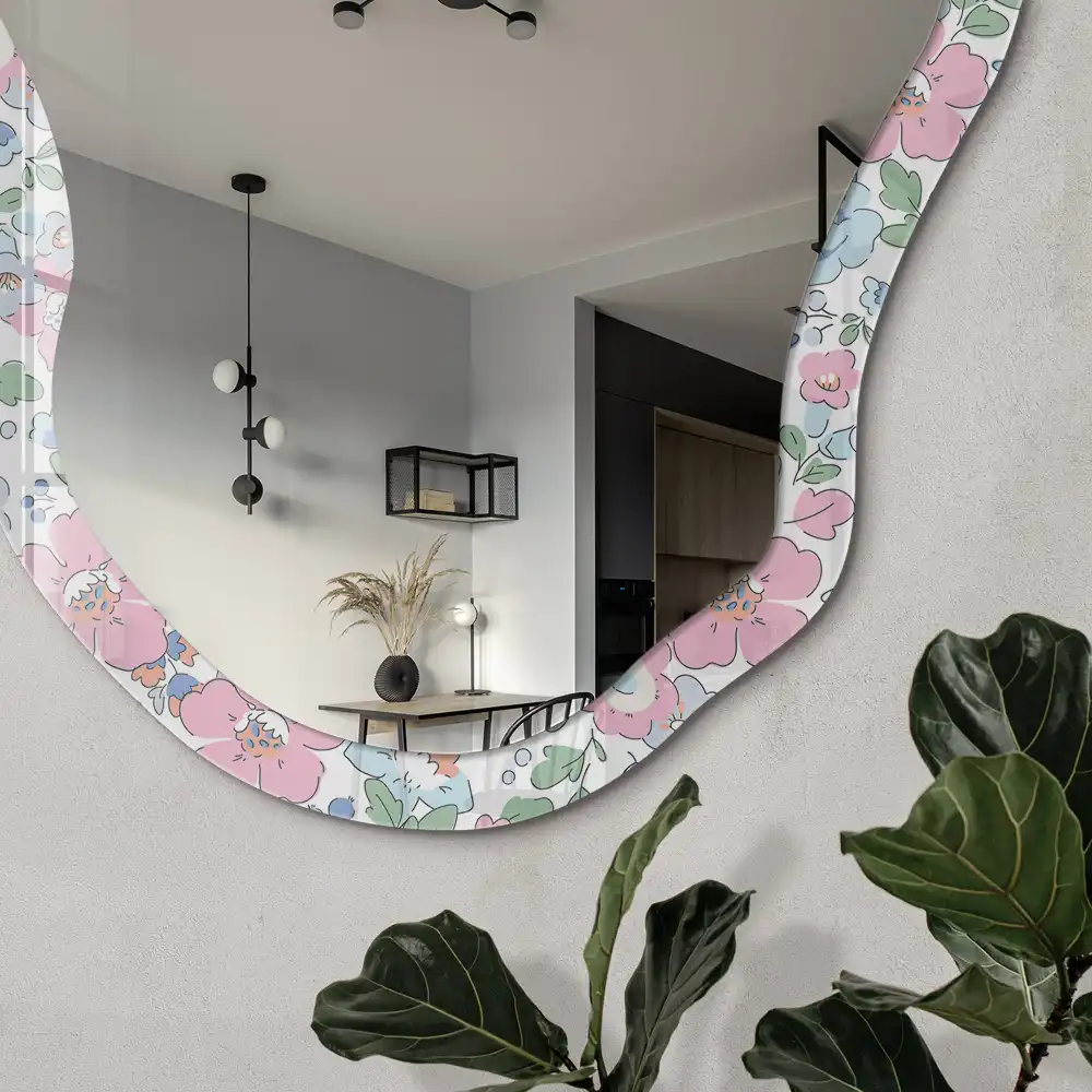 Miroir encadré à motif de prairie florale de forme irrégulière