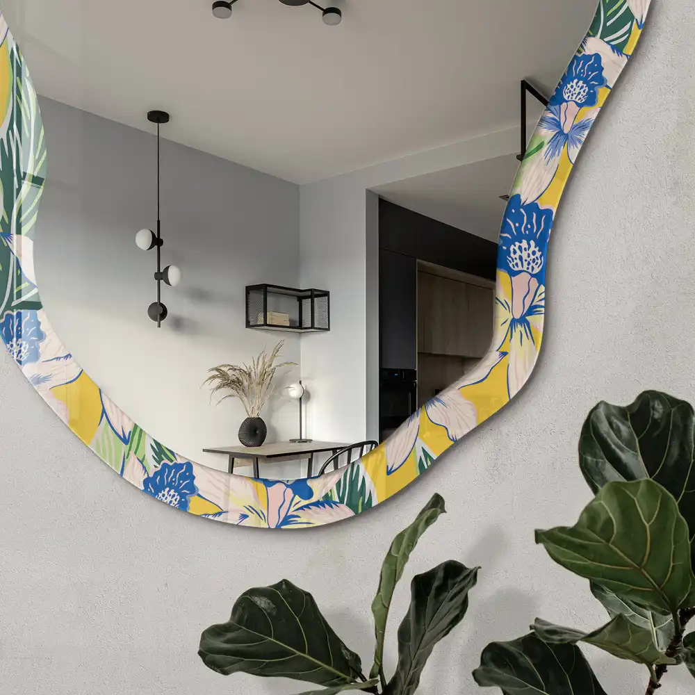 Miroir encadré à impression de fleurs tropicales aux formes irrégulières