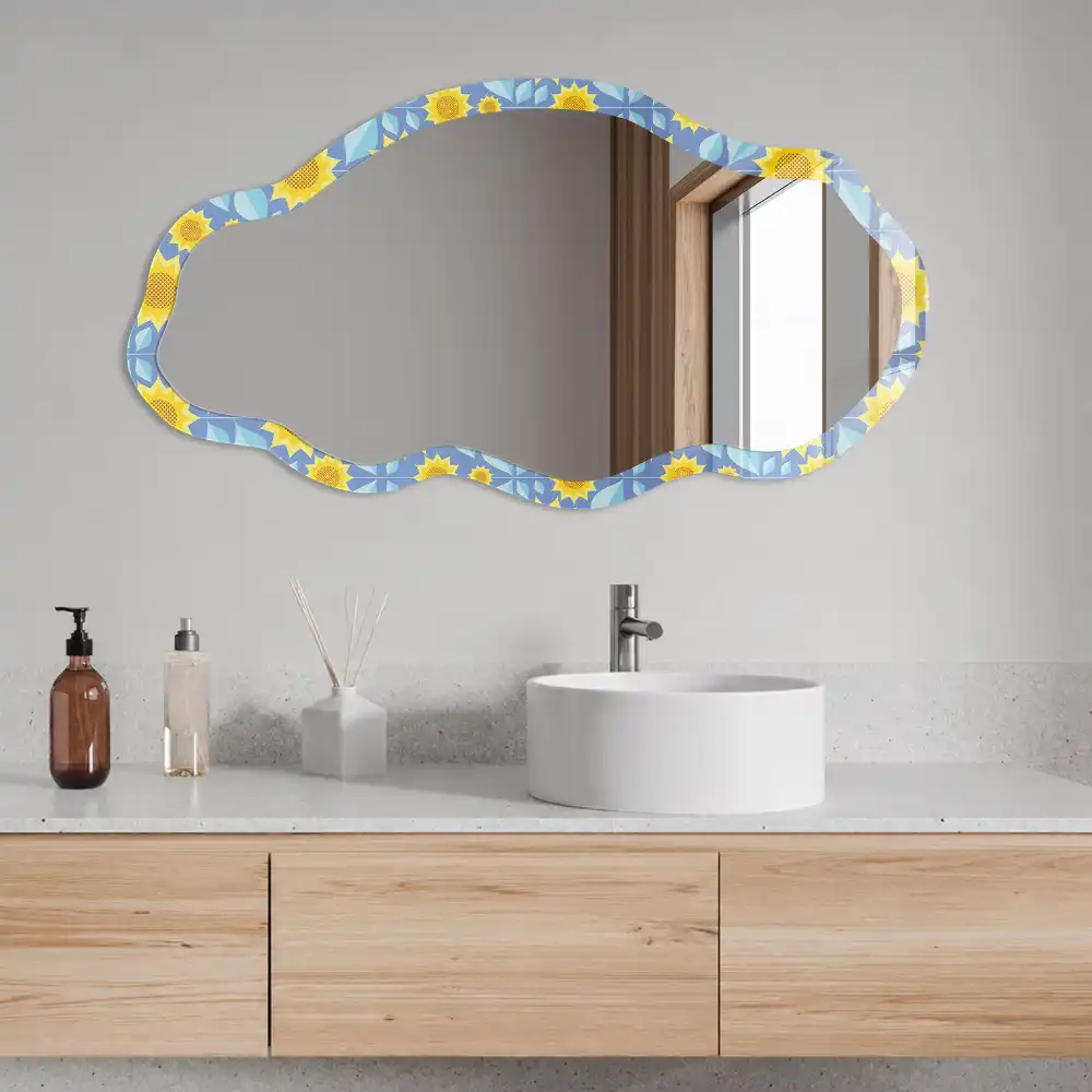 Miroir encadré avec impression forme irrégulière prairie ensoleillée