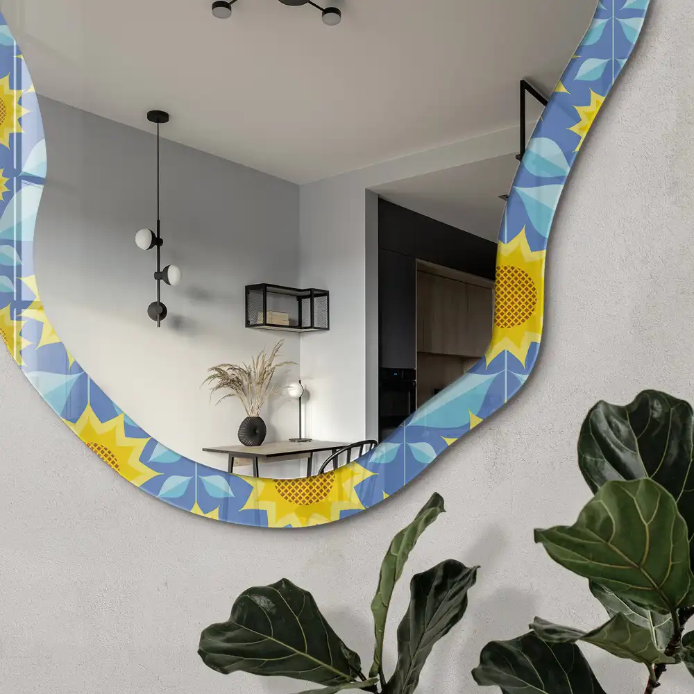 Miroir encadré avec impression forme irrégulière prairie ensoleillée