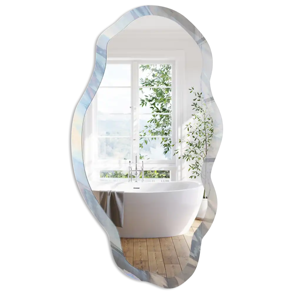Miroir encadré à impression abstraite aux formes irrégulières et tons pastel