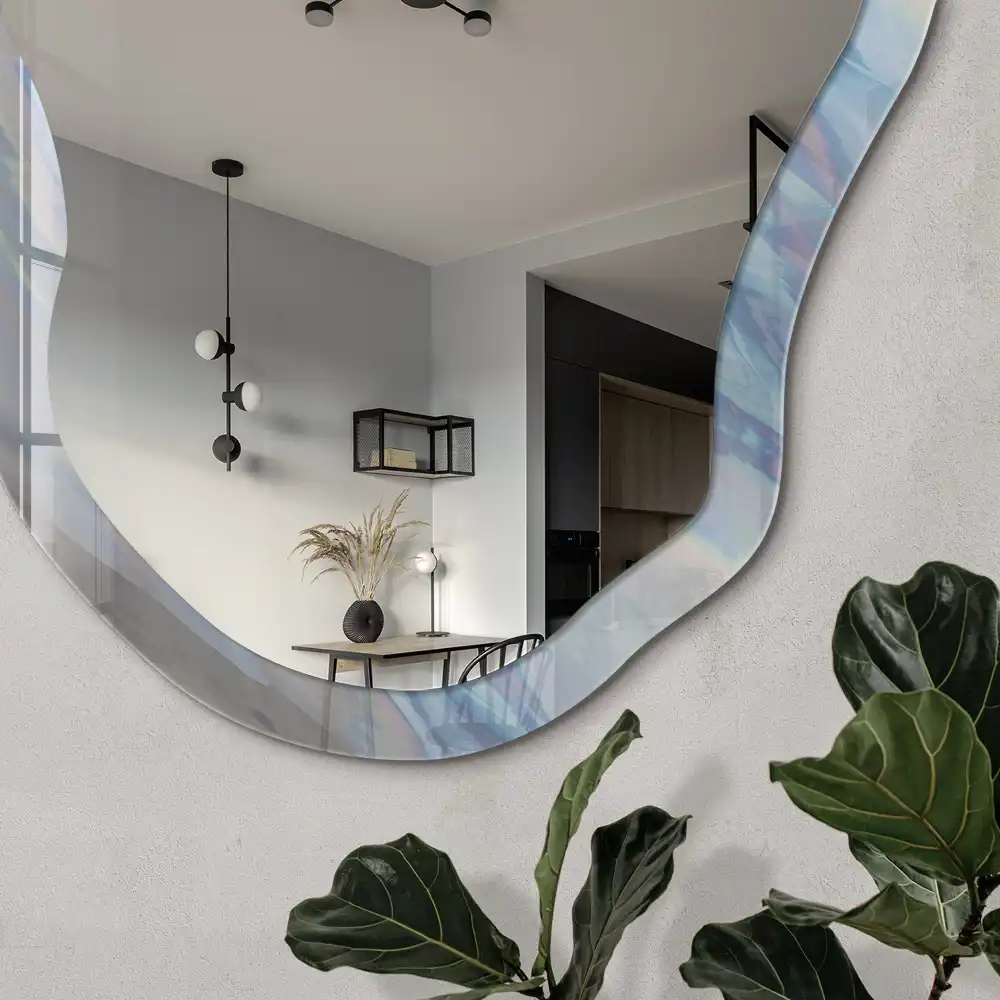 Miroir encadré à impression abstraite aux formes irrégulières et tons pastel