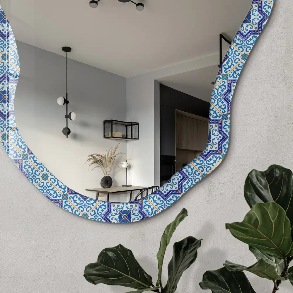 Miroir encadré avec impression de motif de méditation forme irrégulière