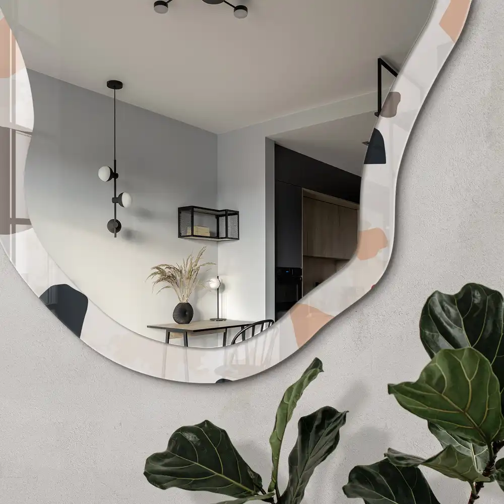 Miroir encadré avec impression terrazzo artistique de forme irrégulière