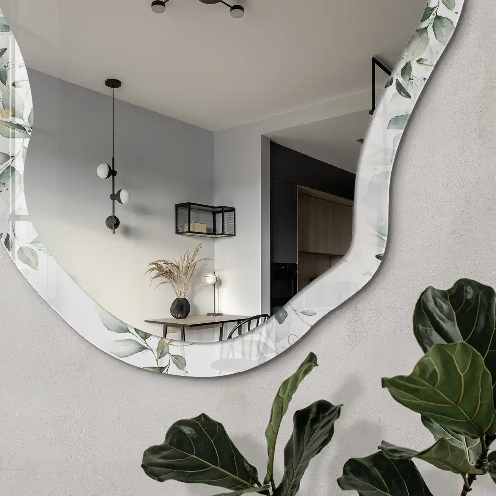 Miroir encadré à motif de feuilles aquarelle de forme irrégulière
