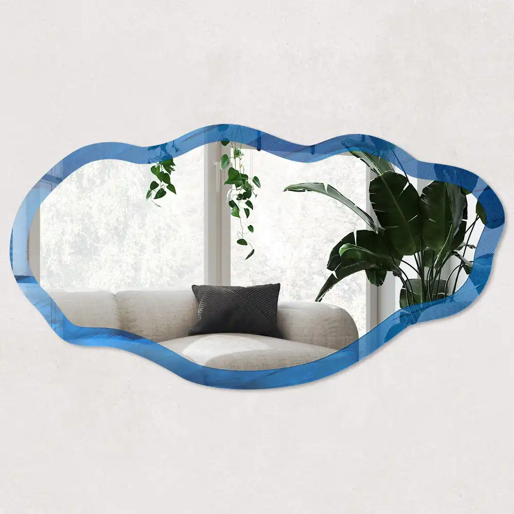 Miroir irrégulier à motif de plumes bleues