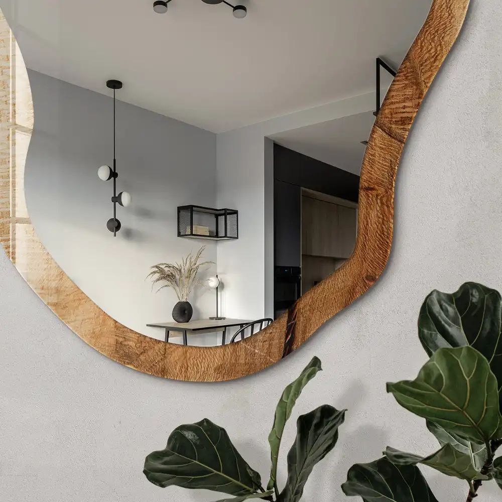 Miroir décoratif de forme irrégulière avec impression effet bois