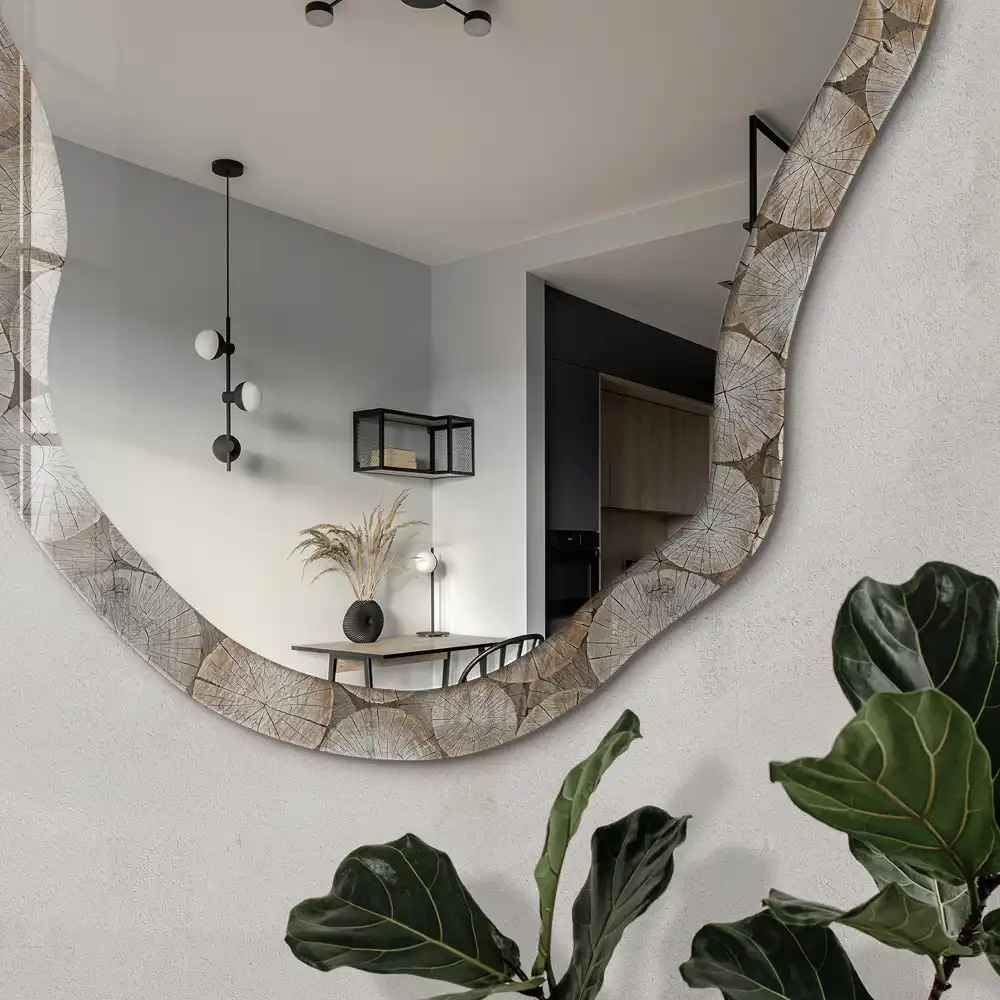 Miroir irrégulier avec motif cercles en bois