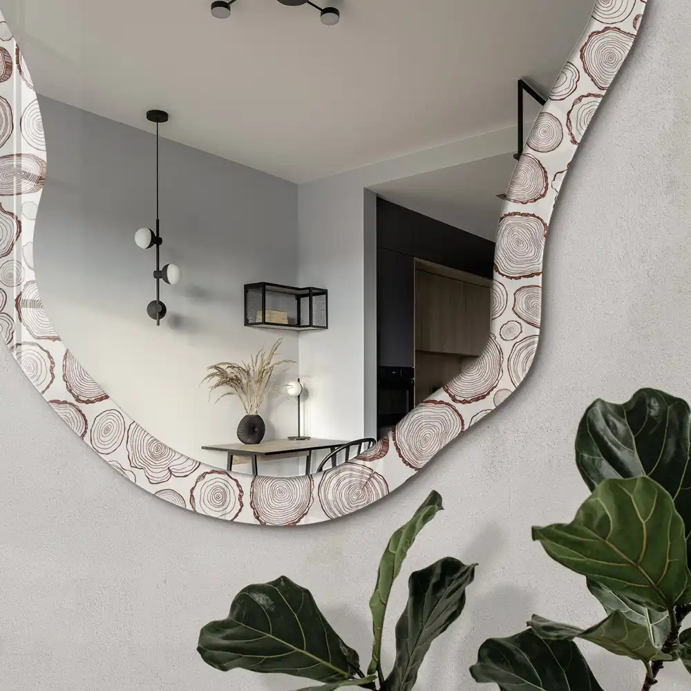 Miroir décoratif irrégulier avec impression cernes de bois