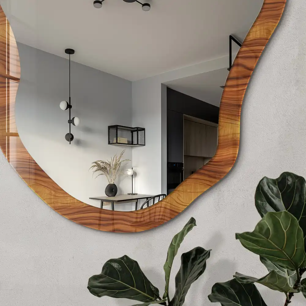 Miroir décoratif irrégulier avec impression effet vagues de bois