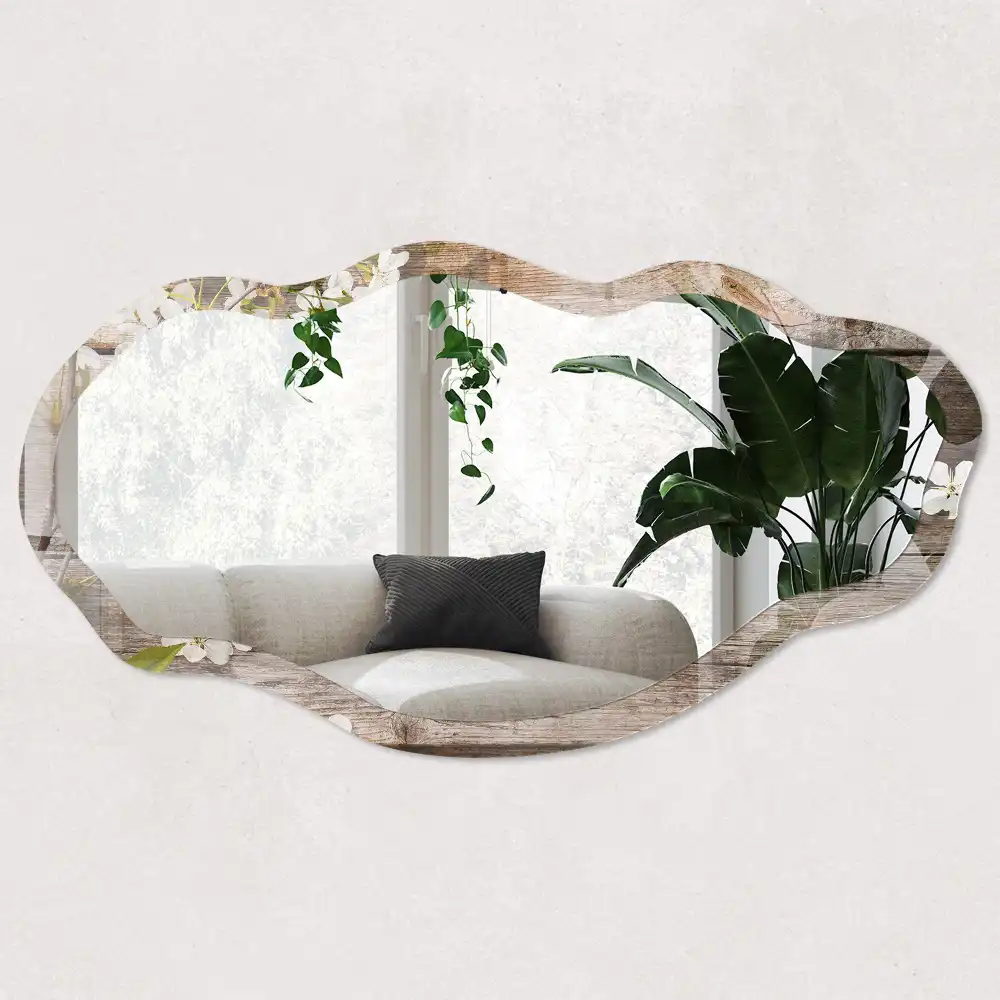 Miroir décoratif irrégulier avec impression fleurs et cadre en bois