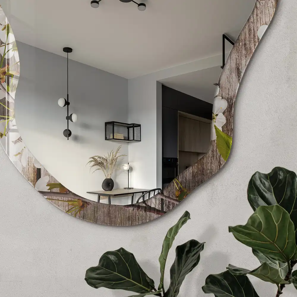 Miroir décoratif irrégulier avec impression fleurs et cadre en bois