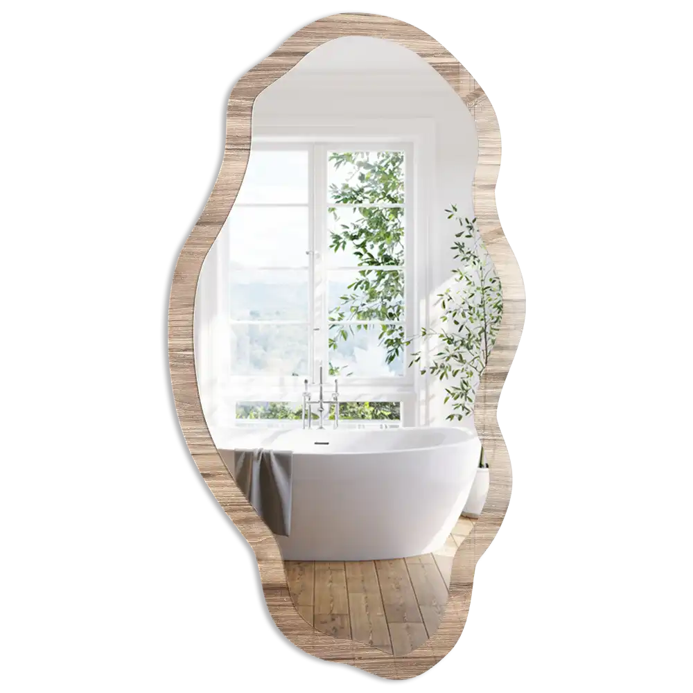 Miroir irrégulier avec impression effet bois beige