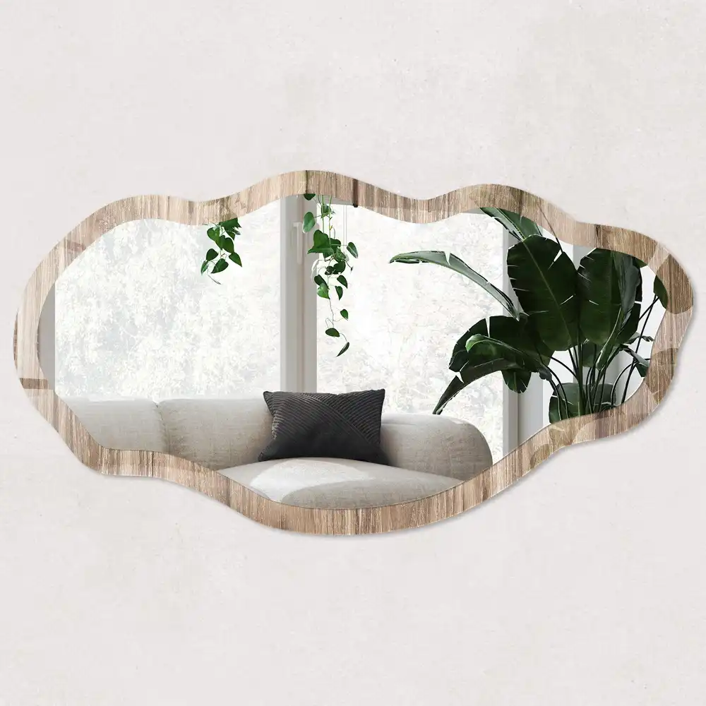 Miroir irrégulier avec impression effet bois beige