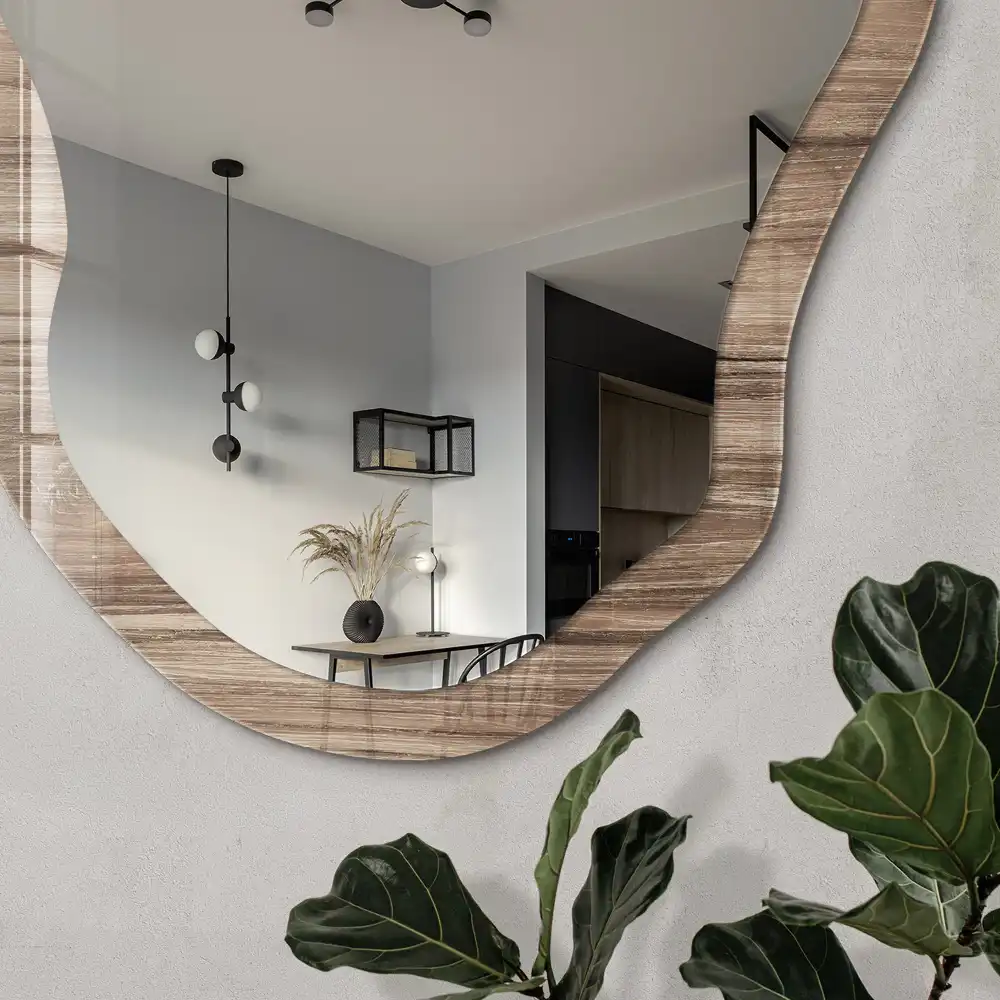 Miroir irrégulier avec impression effet bois beige