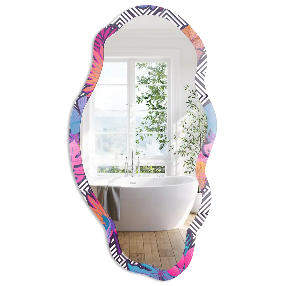 Miroir encadré à motif tropical et forme irrégulière