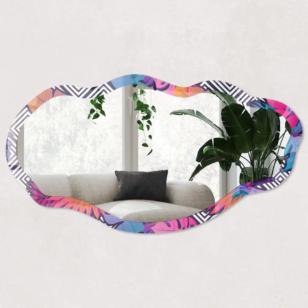 Miroir encadré à motif tropical et forme irrégulière